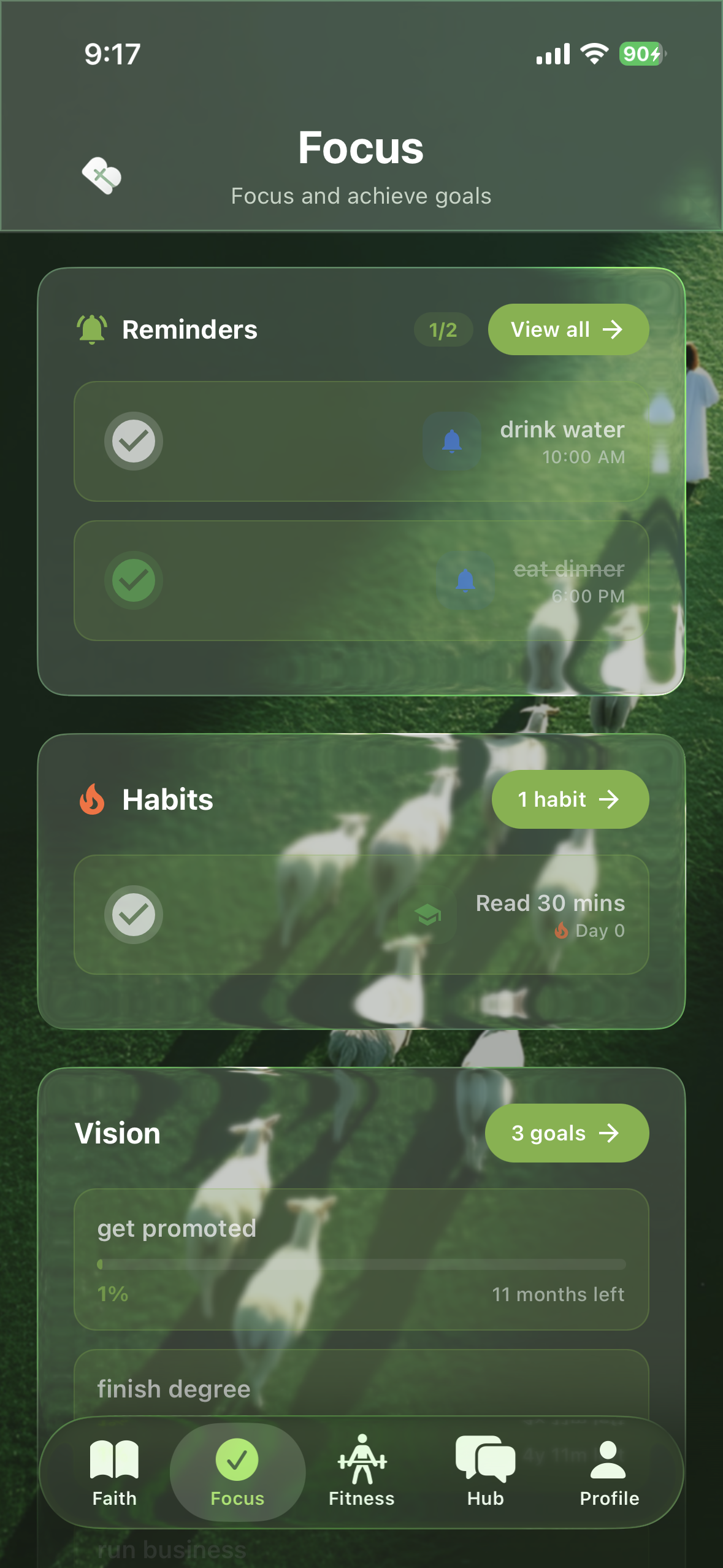 Focus tab: Reminders, Habits, Vision