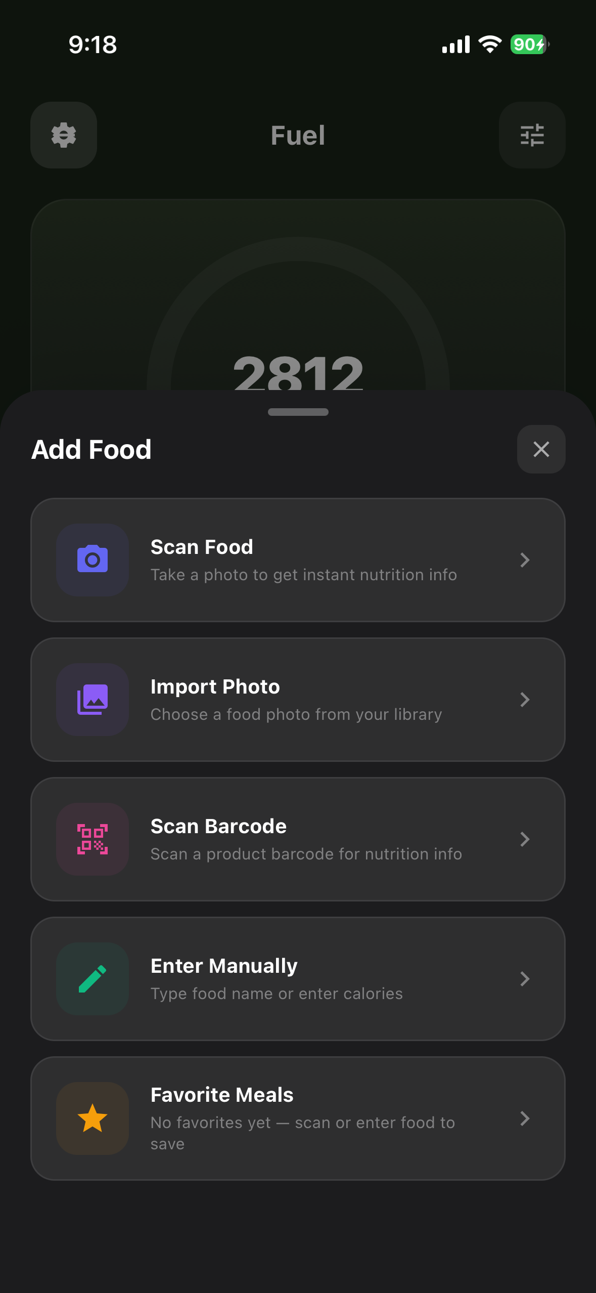 Fuel tab: Add Food options