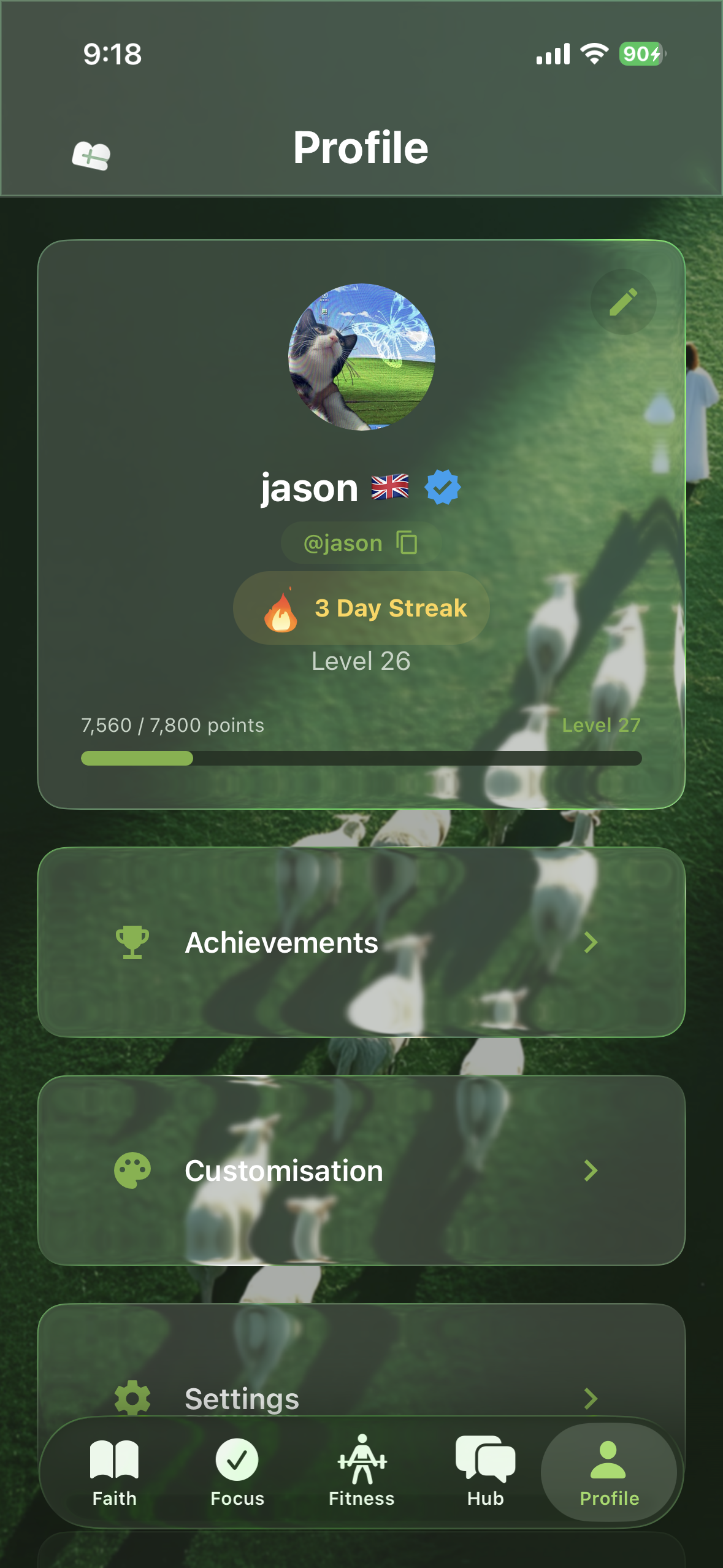Profile tab with streak and level